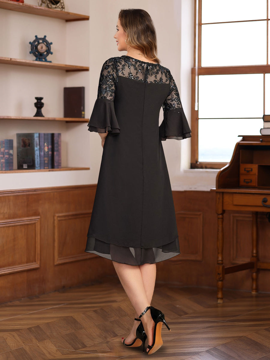 Knee-length A-line Princess Dress with Round Neck Half Sleeves Lace Appliques and Ruffles for Mothers of the Bride & Groom-BMbridal.UK