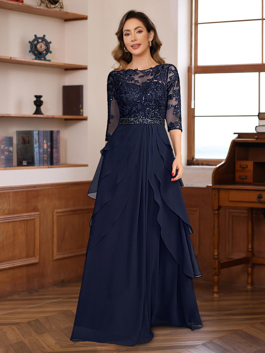 Elegant Floor-Length A-Line/Princess Mother of the Bride & Groom Dresses with 3/4 Sleeves Lace Appliques and Ruffles-BMbridal.UK