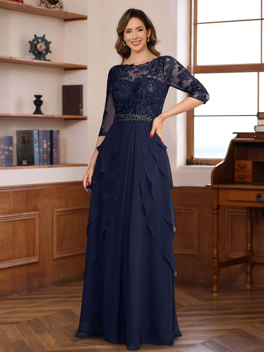 Elegant Floor-Length A-Line/Princess Mother of the Bride & Groom Dresses with 3/4 Sleeves Lace Appliques and Ruffles-BMbridal.UK