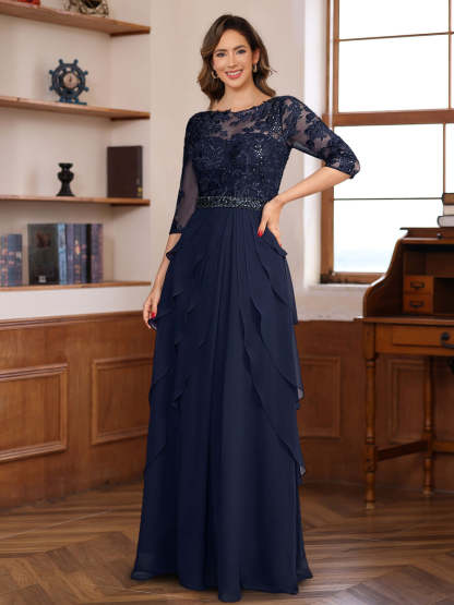 Elegant Floor-Length A-Line/Princess Mother of the Bride & Groom Dresses with 3/4 Sleeves Lace Appliques and Ruffles-BMbridal.UK