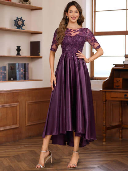 Elegant A-Line Princess Round Neck Short Sleeve Asymmetrical Mother of the Bride & Groom Dress with Lace Appliques-BMbridal.UK