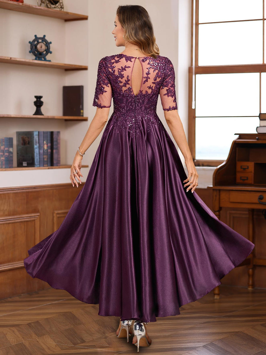 Elegant A-Line Princess Round Neck Short Sleeve Asymmetrical Mother of the Bride & Groom Dress with Lace Appliques-BMbridal.UK