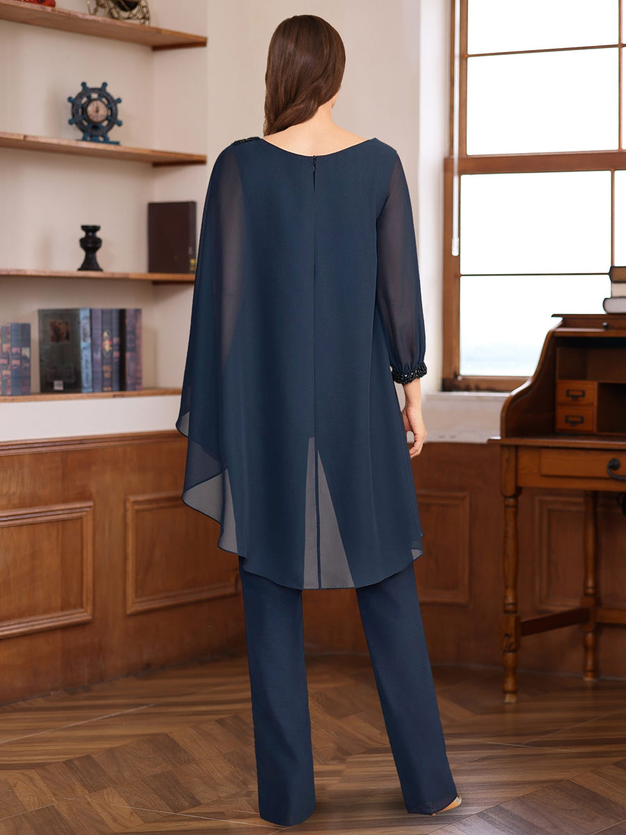Floor-Length Chiffon Mother of the Bride Pantsuits with Ruffles Sequins and Beading - 2 Pieces