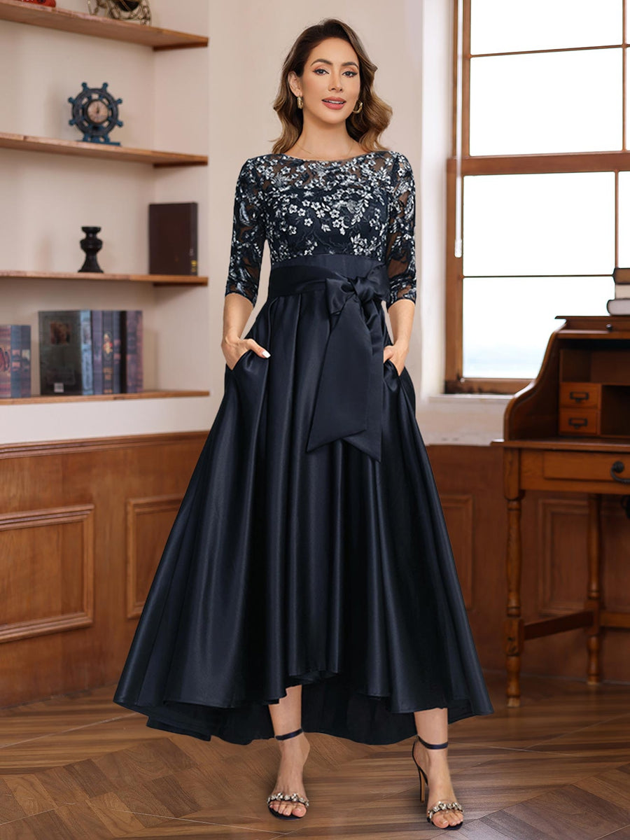 Asymmetrical Lace A-Line Dress with 3/4 Sleeves Appliques & Bow Belt for Mother of the Bride or Groom-BMbridal.UK