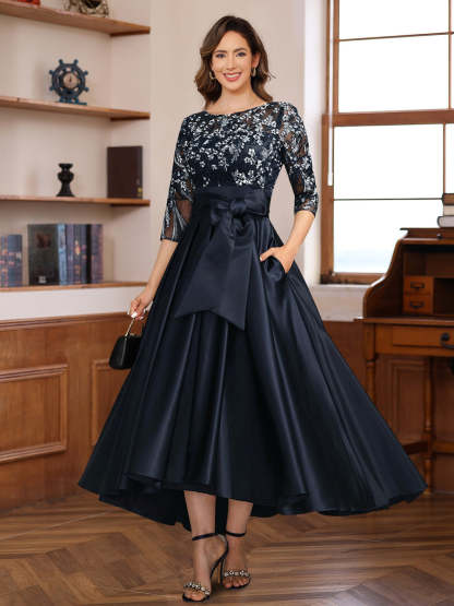 Asymmetrical Lace A-Line Dress with 3/4 Sleeves Appliques & Bow Belt for Mother of the Bride or Groom-BMbridal.UK