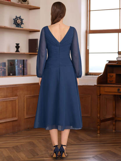 V-Neck A-Line Tea-Length Dress with Long Sleeves Pleats and Appliques for Mothers of the Bride & Groom-BMbridal.UK