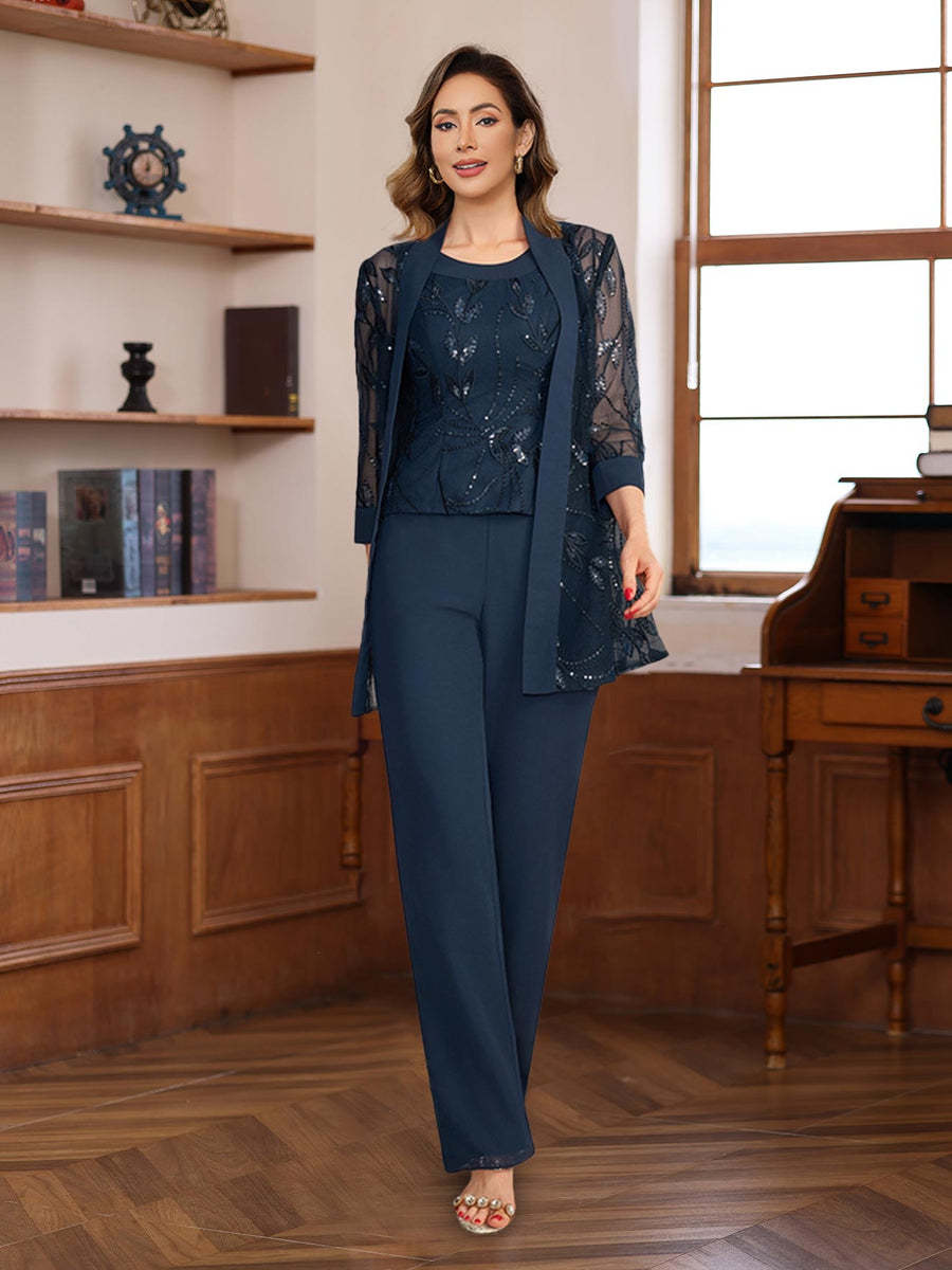 3-Piece Floor-Length Chiffon Pantsuits with Sequins for the Mother of the Bride