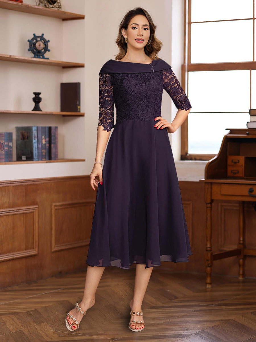 V-Neck A-Line Princess Tea-Length Dress with Half Sleeves and Lace Appliques for Mothers