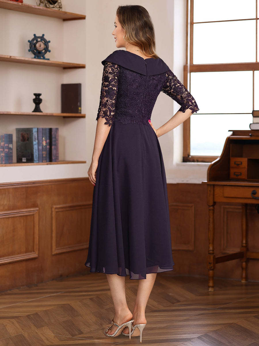 V-Neck A-Line Princess Tea-Length Dress with Half Sleeves and Lace Appliques for Mothers