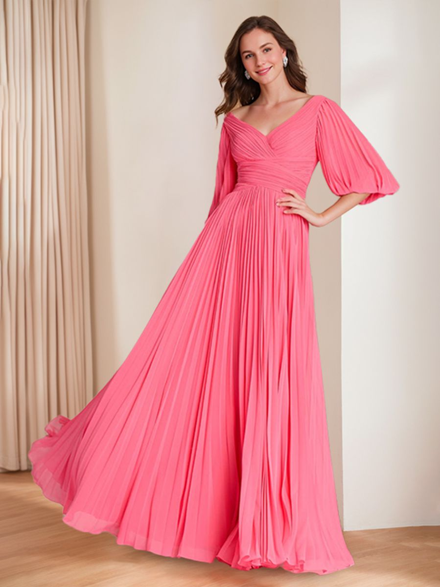 V-neck A-Line Princess Floor-Length Mother of the Bride Dress with 3/4 Sleeves and Ruffles