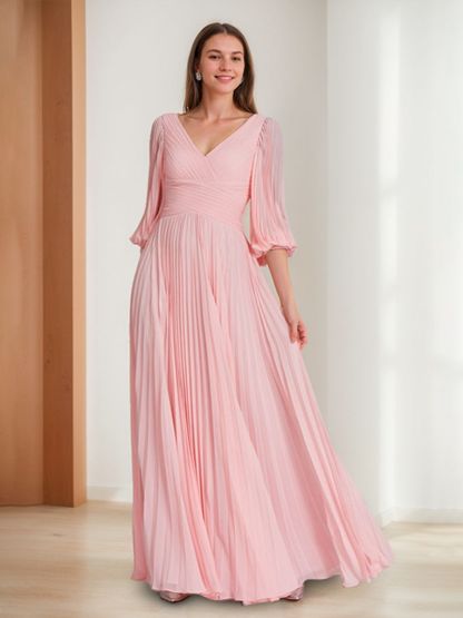 V-neck A-Line Princess Floor-Length Mother of the Bride Dress with 3/4 Sleeves and Ruffles
