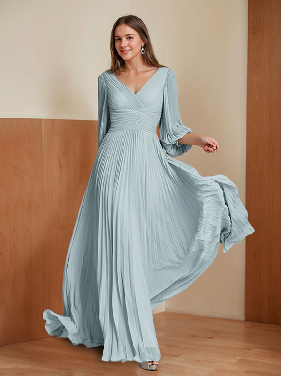 V-neck A-Line Princess Floor-Length Mother of the Bride Dress with 3/4 Sleeves and Ruffles