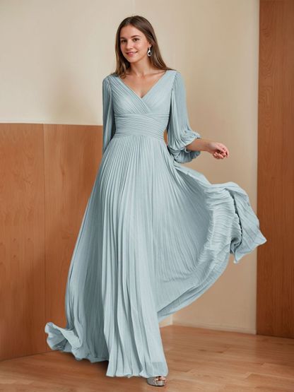 V-neck A-Line Princess Floor-Length Mother of the Bride Dress with 3/4 Sleeves and Ruffles
