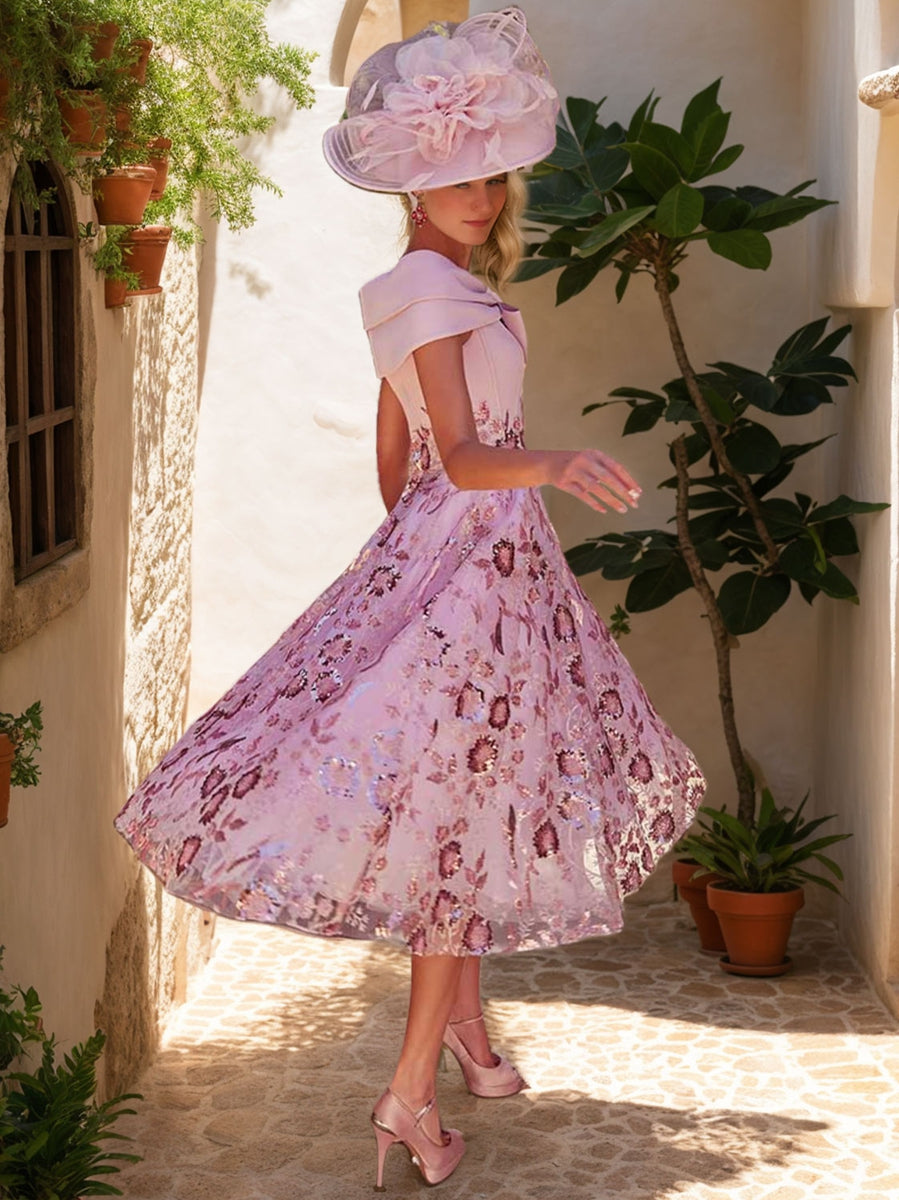 V-Neck A-Line Princess Tea-Length Luxurious Mother of the Bride Dresses with Bow & Embroidery