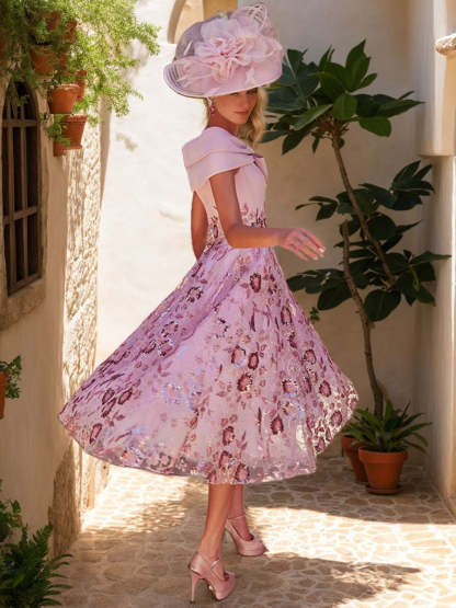 V-Neck A-Line Princess Tea-Length Luxurious Mother of the Bride Dresses with Bow & Embroidery