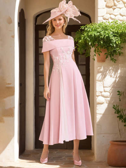 Square Neck A-Line Mother of the Bride Dress with Short Sleeves Ruffles and Appliques