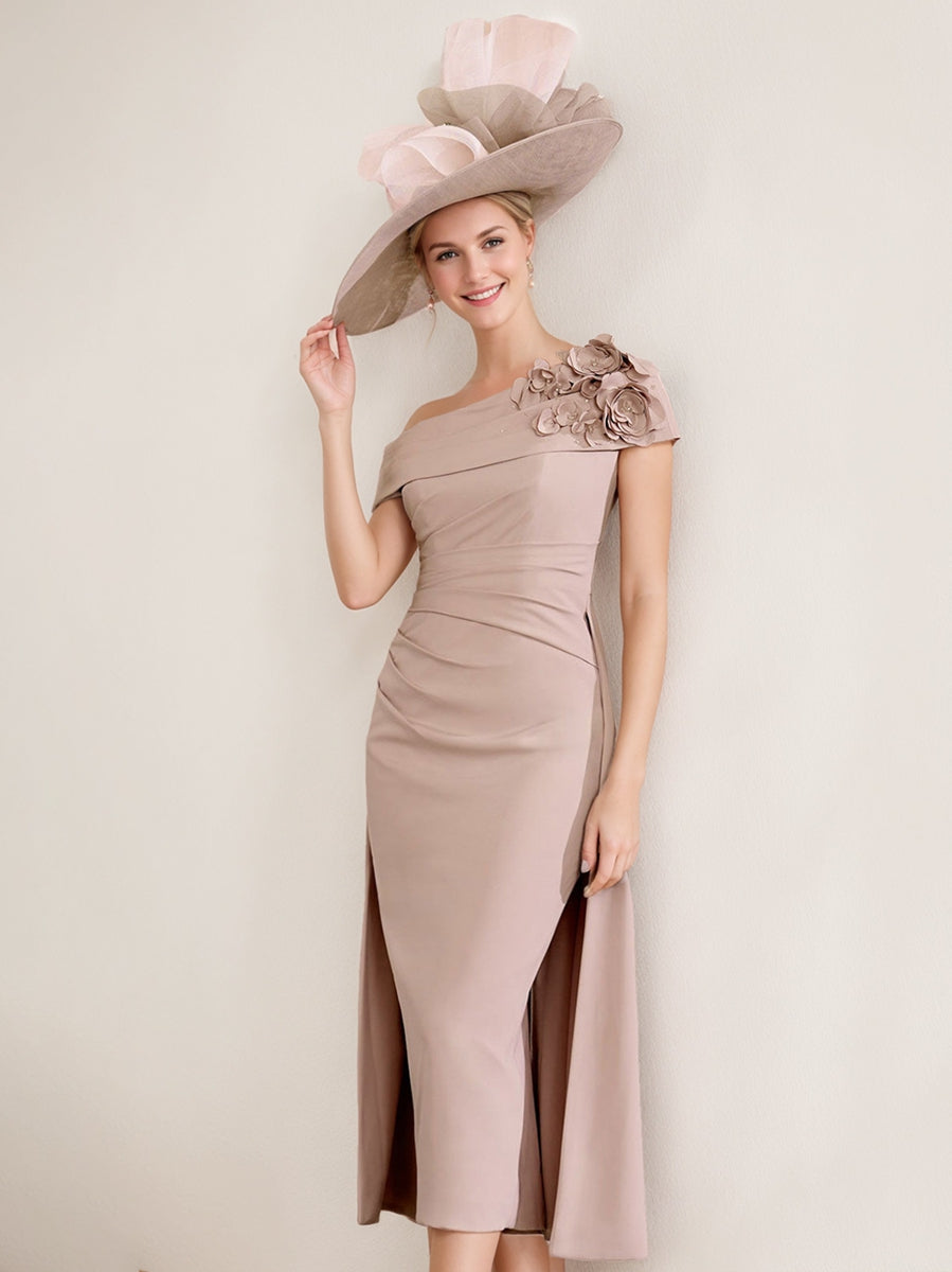 Off-the-Shoulder Pleated Tea-Length Mother of the Bride Dresses with 3D Flower in Sheath/Column Style-BMbridal.UK