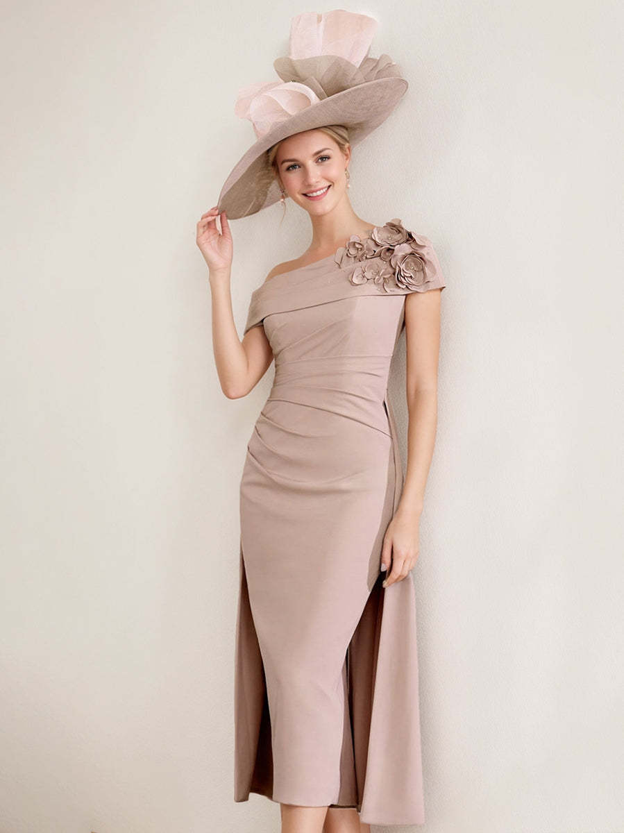 Off-the-Shoulder Pleated Tea-Length Sheath/Column Dress with 3D Flowers for the Mother of the Bride