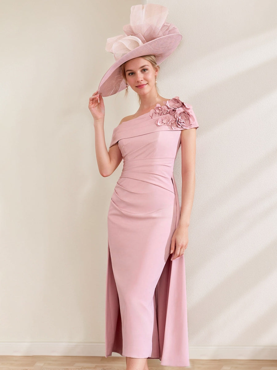 Off-the-Shoulder Pleated Tea-Length Mother of the Bride Dresses with 3D Flower in Sheath/Column Style-BMbridal.UK
