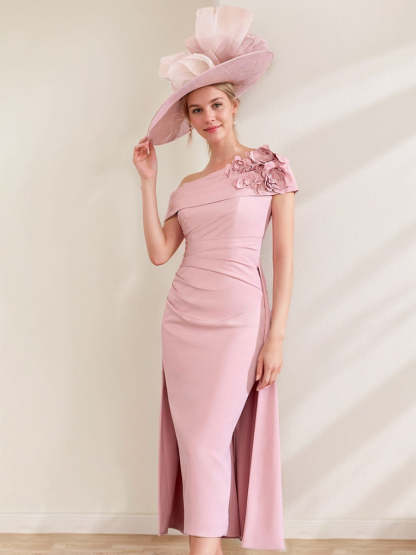 Off-the-Shoulder Pleated Tea-Length Sheath/Column Dress with 3D Flowers for the Mother of the Bride