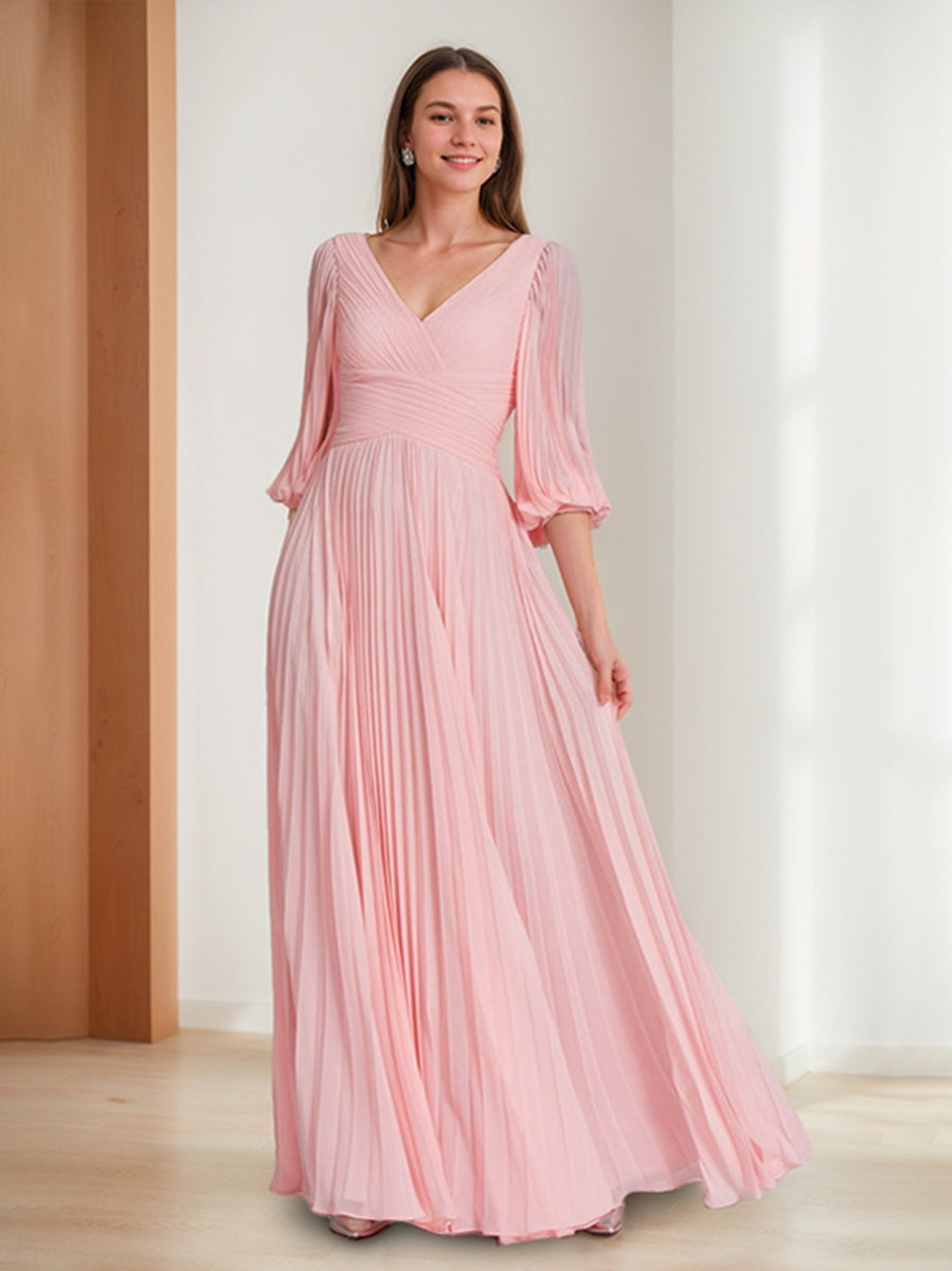 Chic V-Neck A-Line Princess Dress with 3/4 Sleeves and Pleated Chiffon for Mothers of the Bride & Groom-BMbridal.UK