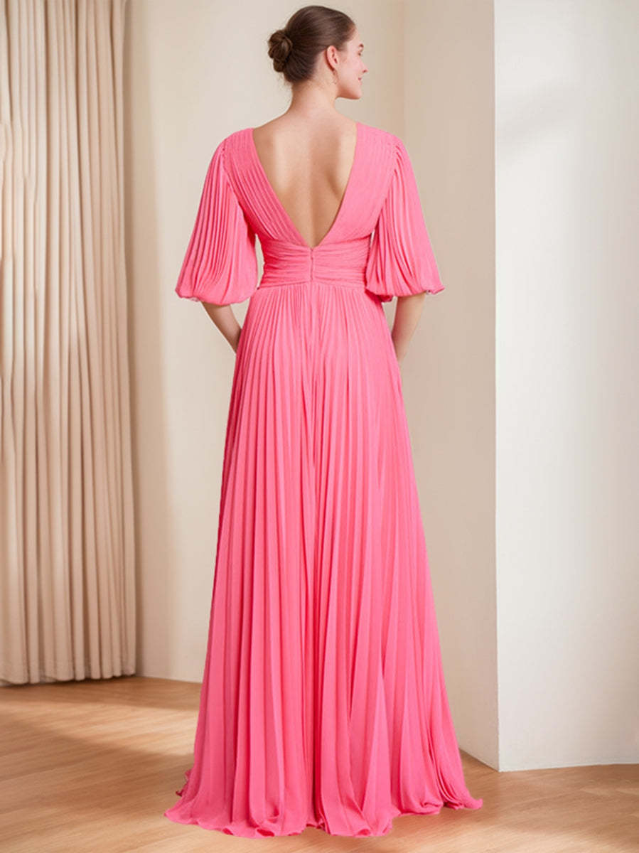Chic V-Neck A-Line Princess Dress with 3/4 Sleeves and Pleated Chiffon for Mothers of the Bride & Groom-BMbridal.UK