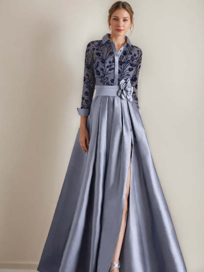 Princess A-Line Floor-Length Mother of the Bride Dresses with Shirt Collar Long Sleeves Appliques & Flower Belt-BMbridal.UK