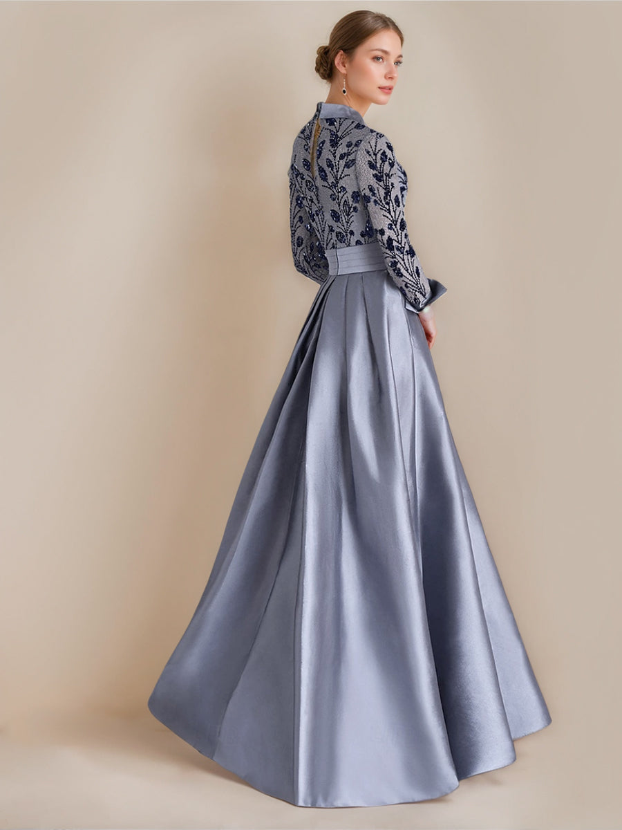 Princess A-Line Floor-Length Mother of the Bride Dresses with Shirt Collar Long Sleeves Appliques & Flower Belt-BMbridal.UK