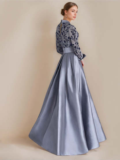 Princess A-Line Floor-Length Mother of the Bride Dresses with Shirt Collar Long Sleeves Appliques & Flower Belt-BMbridal.UK
