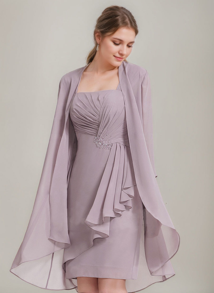 Square Neckline 3/4 Sleeve Knee-Length Sheath/Column Mother of the Bride Dress with Jacket Ruffles Pleats and Beads-BMbridal.UK