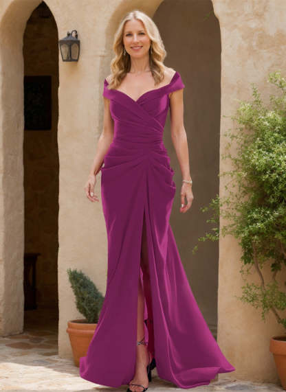 Off-the-shoulder Floor-Length Trumpet/Mermaid Mother Of the Bride Dresses Featuring Pleats Slit & Zipper-BMbridal.UK