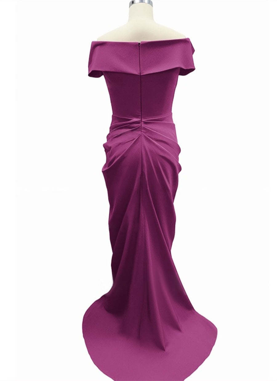 Off-the-shoulder Floor-Length Trumpet/Mermaid Mother Of the Bride Dresses Featuring Pleats Slit & Zipper-BMbridal.UK