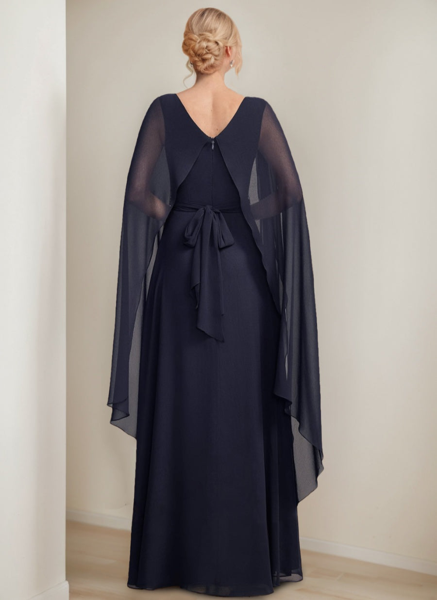 Princess A-Line Floor-Length Mother of the Bride Dress with Cape Sleeves Bow and Ruffles