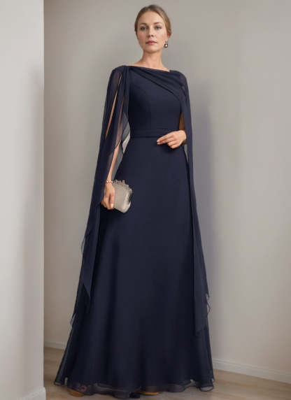 Princess A-Line Floor-Length Mother of the Bride Dress with Cape Sleeves Bow and Ruffles
