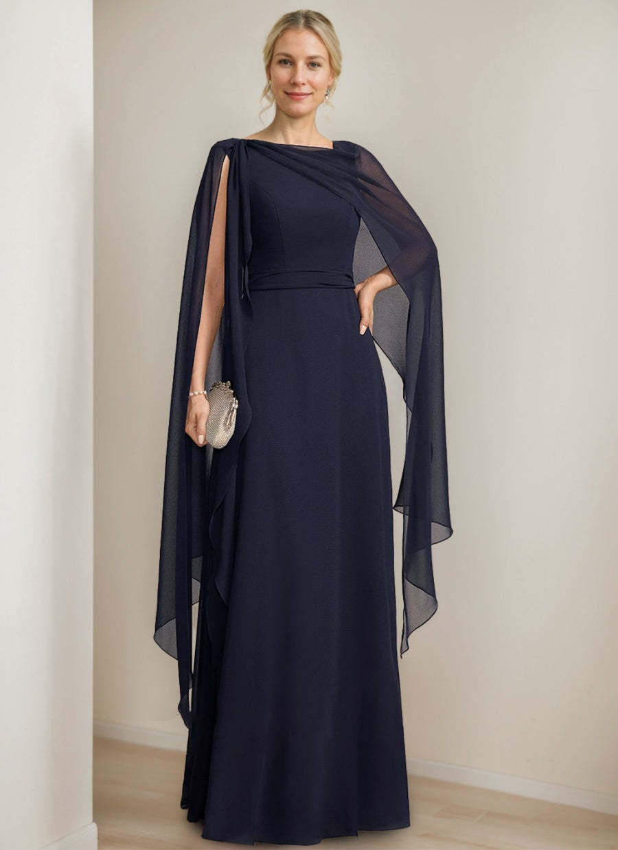 Princess A-Line Floor-Length Mother of the Bride Dress with Cape Sleeves Bow and Ruffles