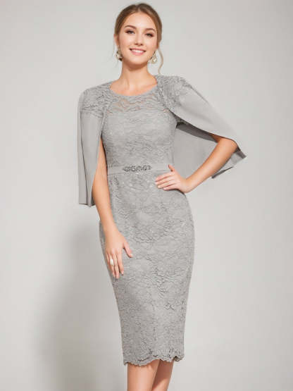 Tea-Length Mother of the Bride Sheath/Column Dresses with Crystal Accents & Jacket