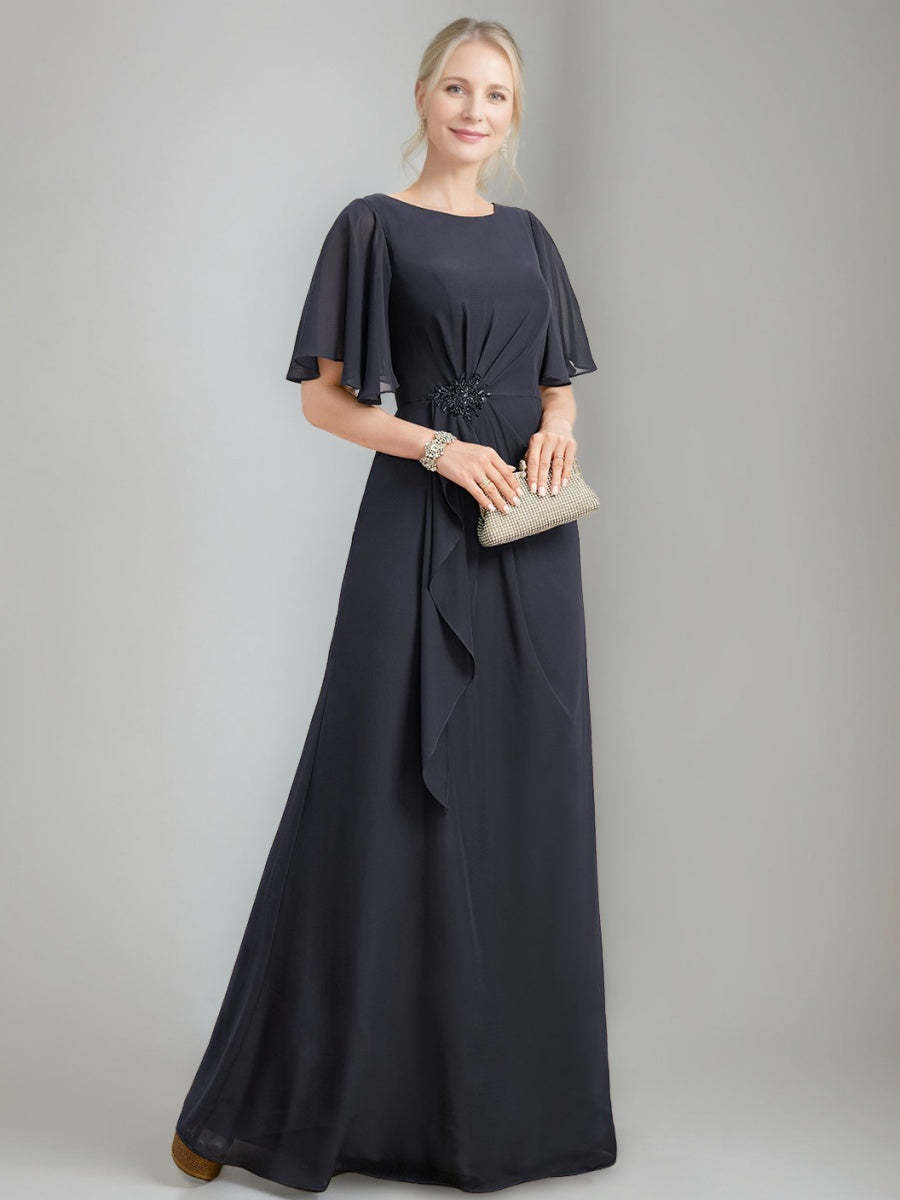 Princess A-line Jewel Neck Floor-Length Mother of the Bride Dress with Ruffles Crystals and Beads