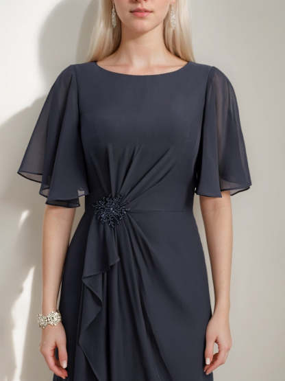 Princess A-line Jewel Neck Floor-Length Mother of the Bride Dress with Ruffles Crystals and Beads