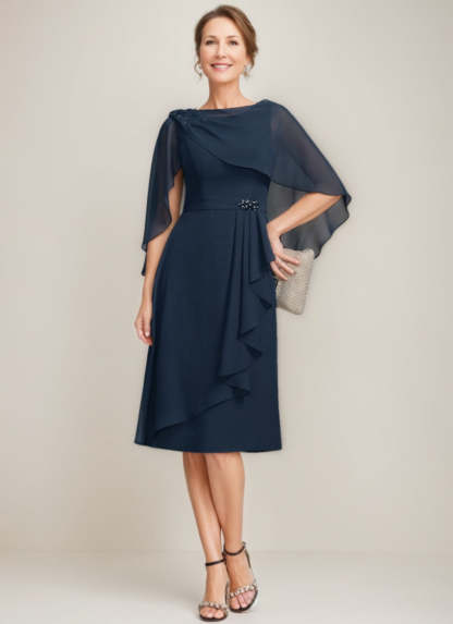 Tea-Length Mother of the Bride Sheath Dress with Detachable Beaded Cape and Ruffles