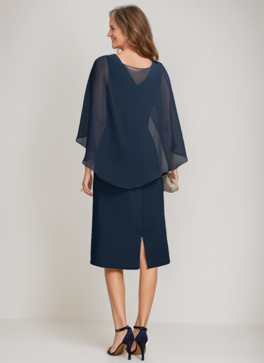 Tea-Length Mother of the Bride Sheath Dress with Detachable Beaded Cape and Ruffles