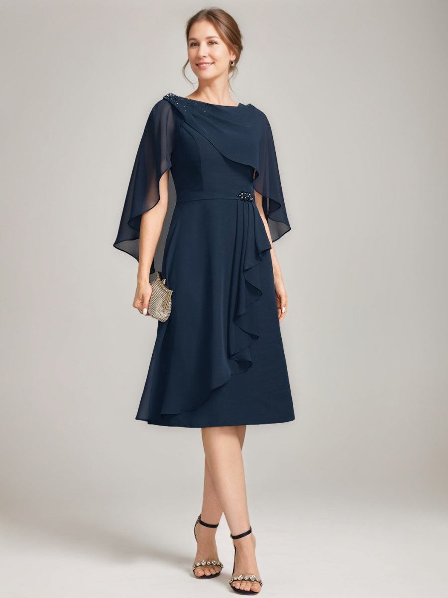 Tea-Length Mother of the Bride Sheath Dress with Detachable Beaded Cape and Ruffles