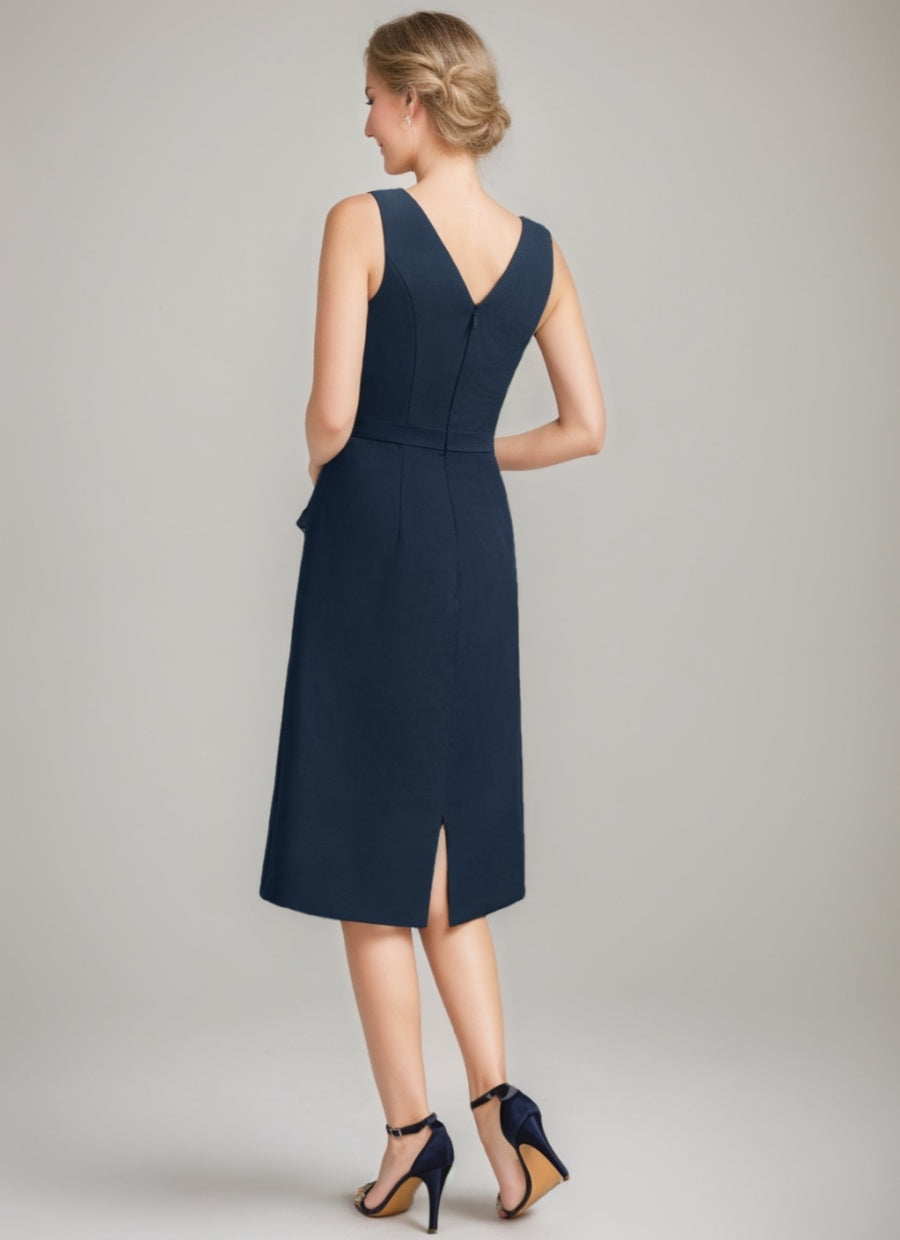 Tea-Length Mother of the Bride Sheath Dress with Detachable Beaded Cape and Ruffles