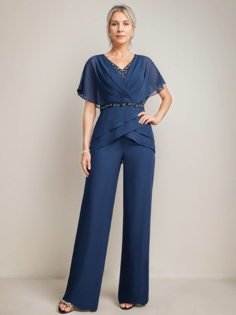 2-Piece V-Neck Pantsuit with Ruched Detail Flutter Sleeves and Beading in Floor-Length Design
