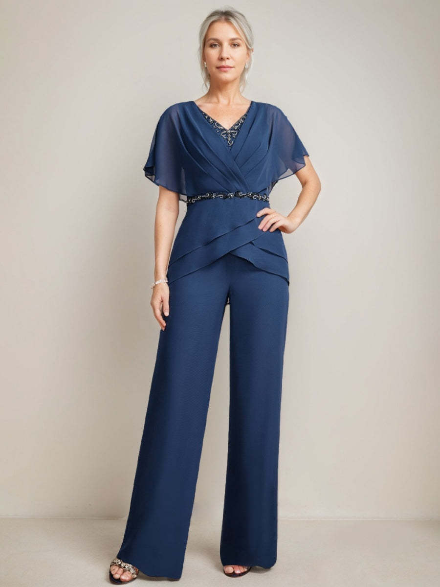 2-Piece V-Neck Pantsuit with Ruched Detail Flutter Sleeves and Beading in Floor-Length Design