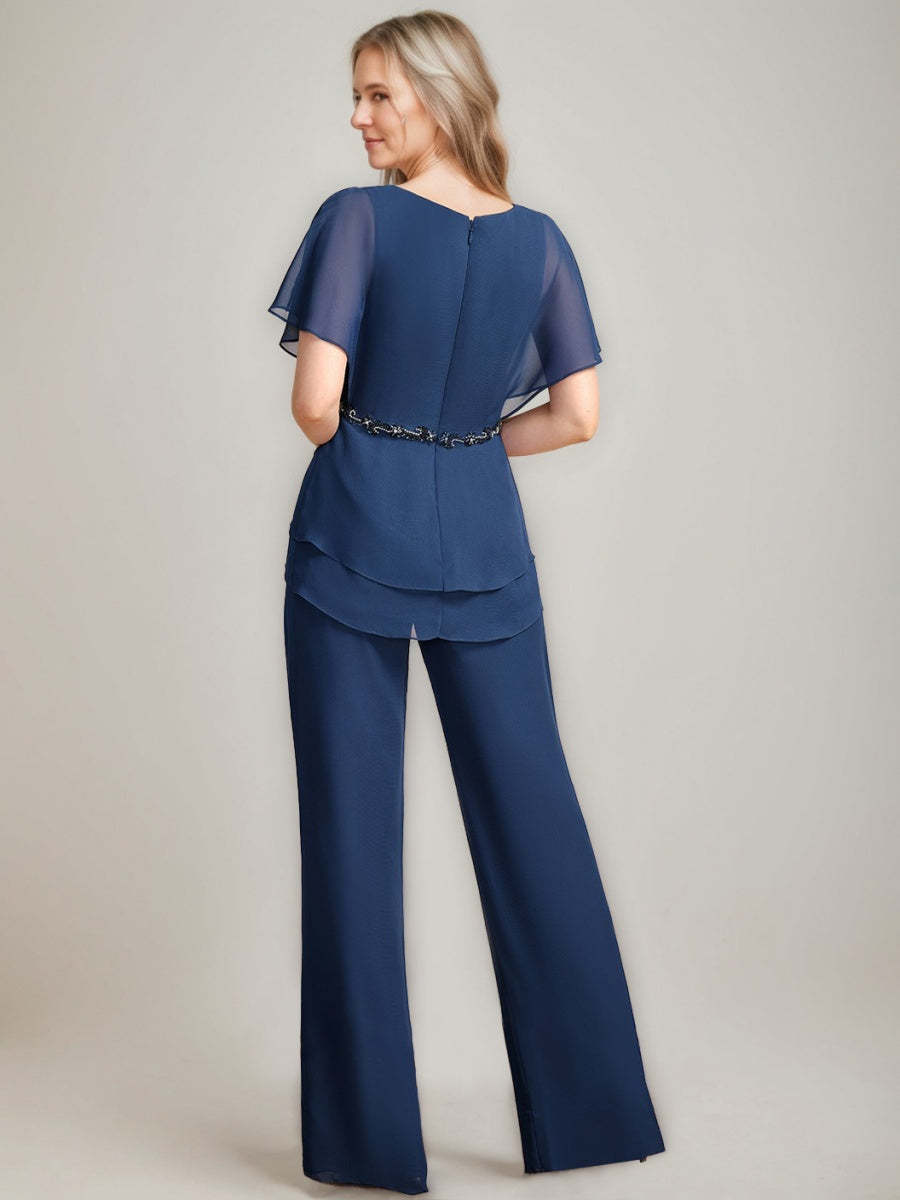 2-Piece V-Neck Pantsuit with Ruched Detail Flutter Sleeves and Beading in Floor-Length Design