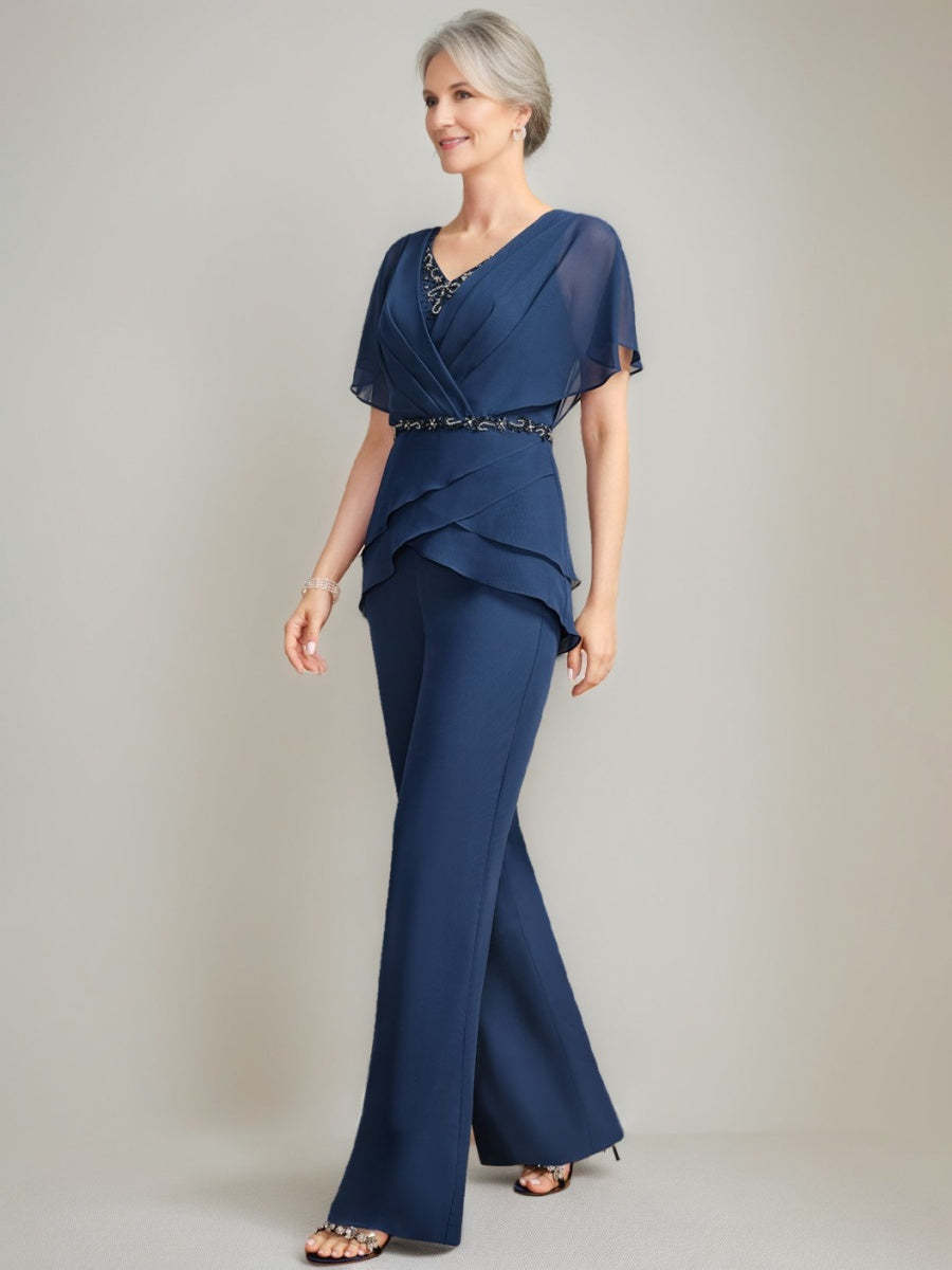2-Piece V-Neck Pantsuit with Ruched Detail Flutter Sleeves and Beading in Floor-Length Design