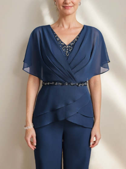 2-Piece V-Neck Pantsuit with Ruched Detail Flutter Sleeves and Beading in Floor-Length Design