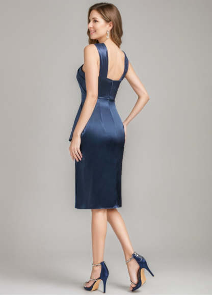 Knee-Length Ruched Mother of the Bride Dress with Criss Cross Sheath/Column Design Ruffles & Side Slit-BMbridal.UK