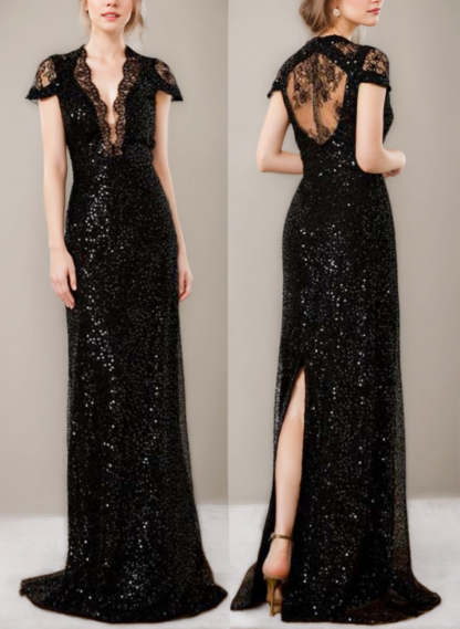 Sequined Plunge V-Neck Floor-Length Mother of the Bride Dress with Lace and Slit