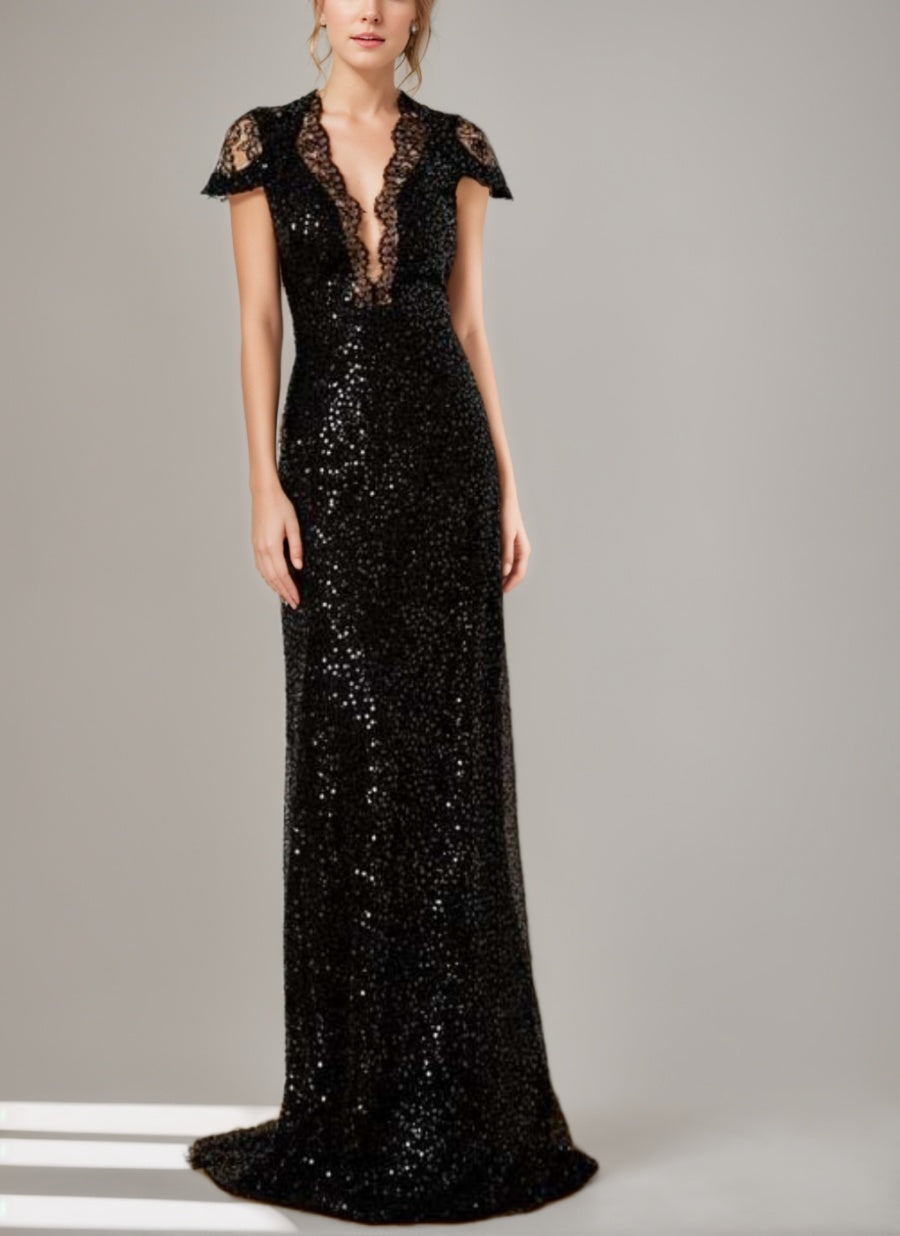 Sequined Plunge V-Neck Floor-Length Mother of the Bride Dress with Lace and Slit